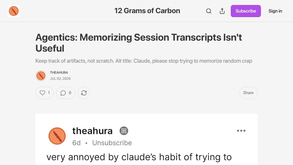 Screenshot of 12gramsofcarbon.com: Memorizing session transcripts isn't useful