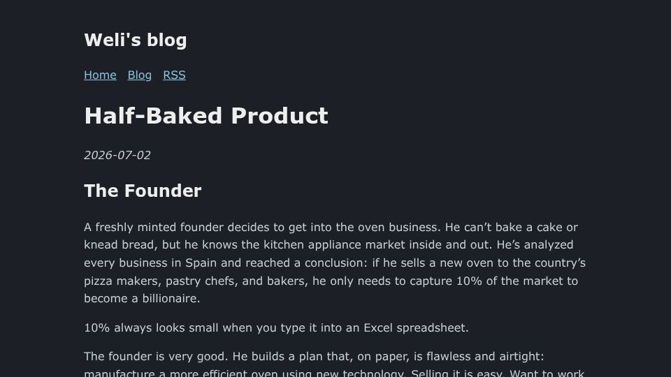 Screenshot of weli.dev: Half-Baked Product