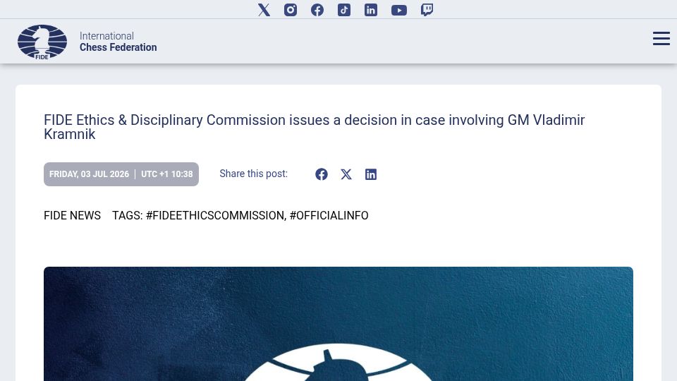 Screenshot of fide.com: International chess federation sanctions Kramnik
