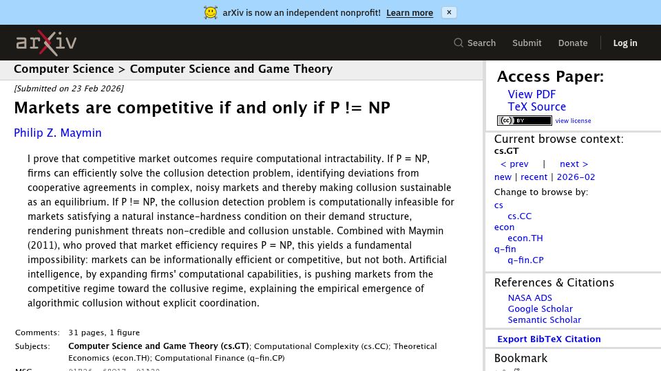 Screenshot of arxiv.org: Markets are competitive if and only if P != NP