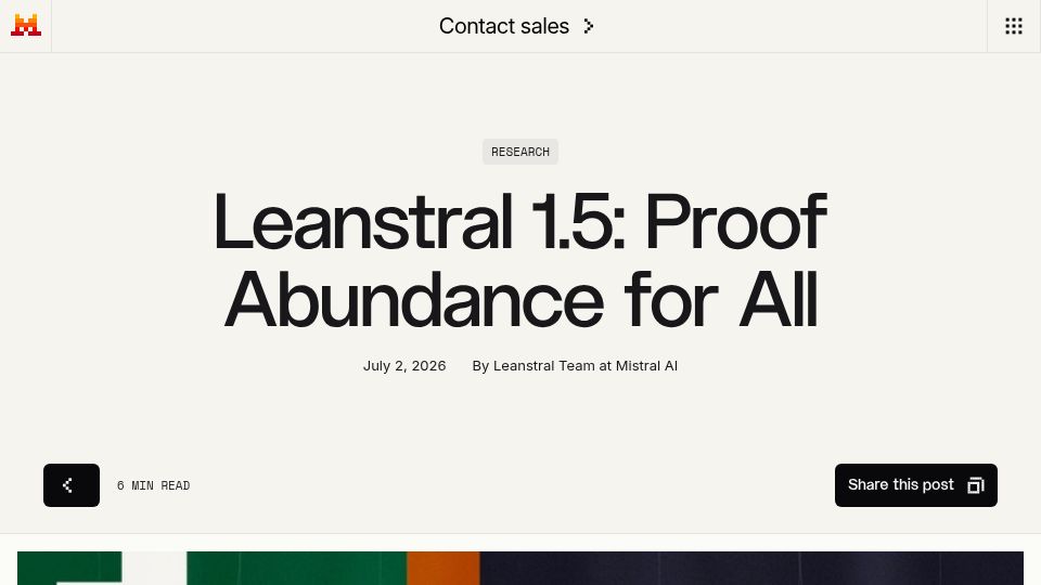 Screenshot of mistral.ai: Leanstral 1.5: Proof abundance for all