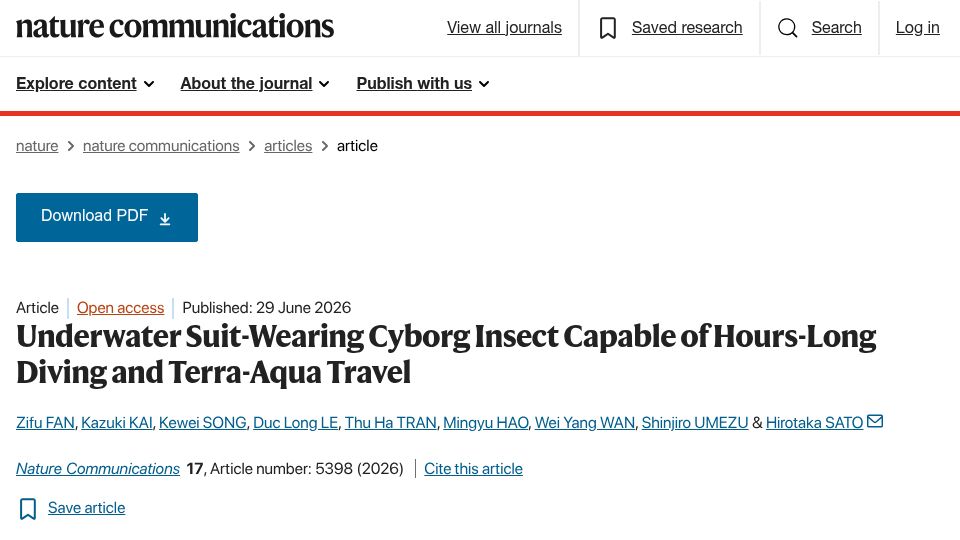 Screenshot of nature.com: Underwater suit-wearing cyborg insect capable of diving and terra-aqua travel