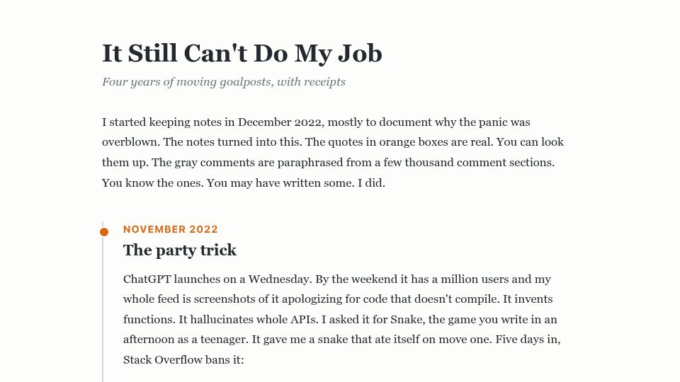 Screenshot of publicznyprofil.github.io: It Still Can't Do My Job: Four Years of Moving Goalposts (2022–2026)