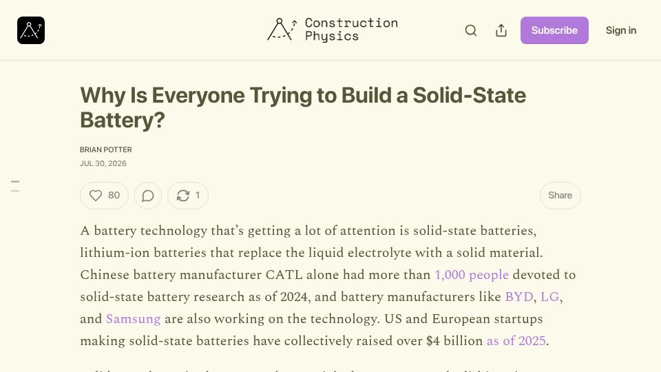 Screenshot of construction-physics.com: Why is everyone trying to build a solid-state battery?