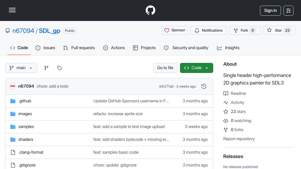 Screenshot of github.com: SDL_GPU minimal, single-header, high-performance 2D graphics painting library