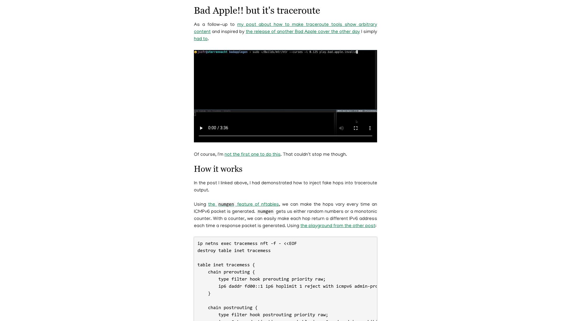 Screenshot of jssfr.de: Bad Apple but It's Traceroute