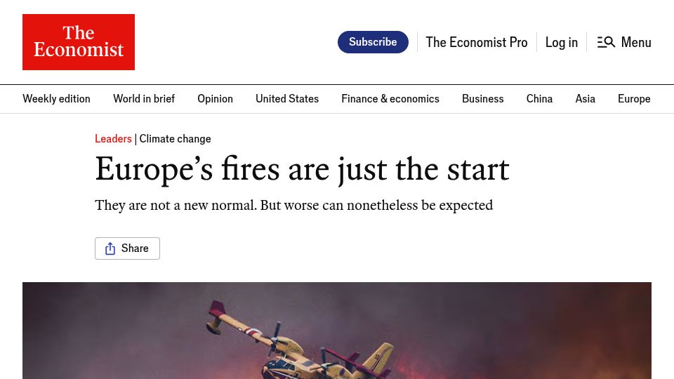 Screenshot of economist.com: Europe's fires are just the start