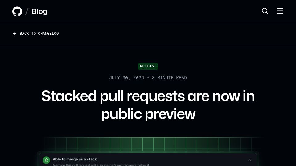 Screenshot of github.blog: Stacked PRs are now live on GitHub
