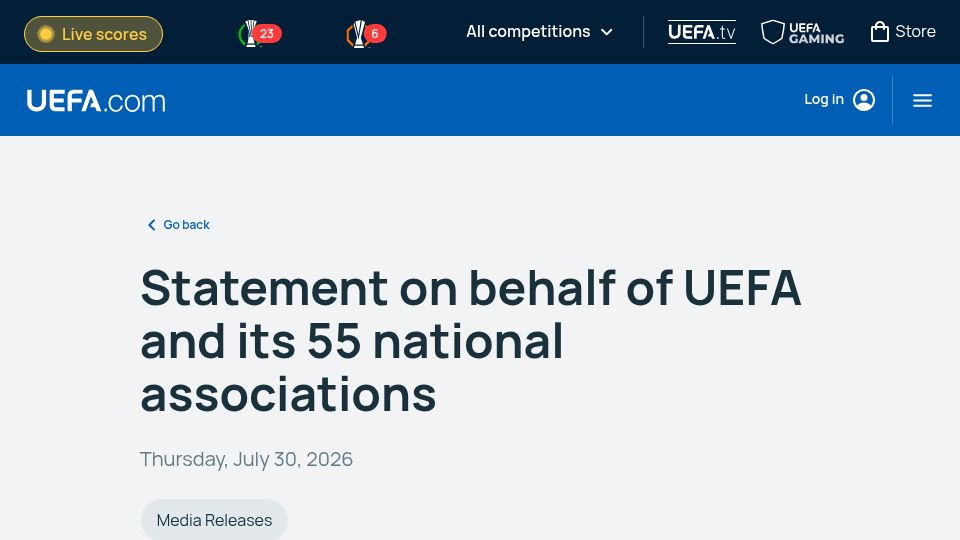 Screenshot of uefa.com: UEFA and its national associations will not participate in FIFA competitions