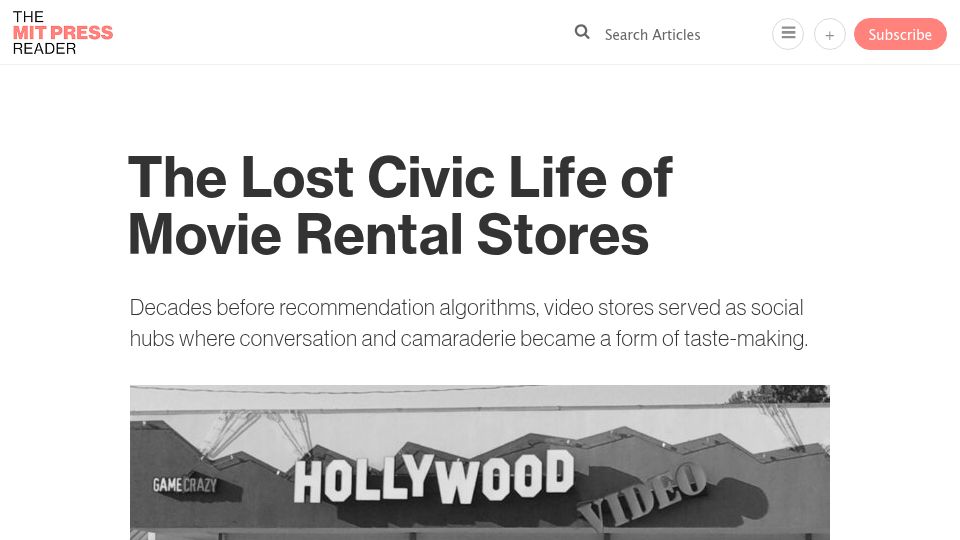 Screenshot of thereader.mitpress.mit.edu: The lost civic life of movie rental stores