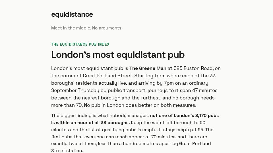 Screenshot of equidistance.io: London’s most equidistant pub