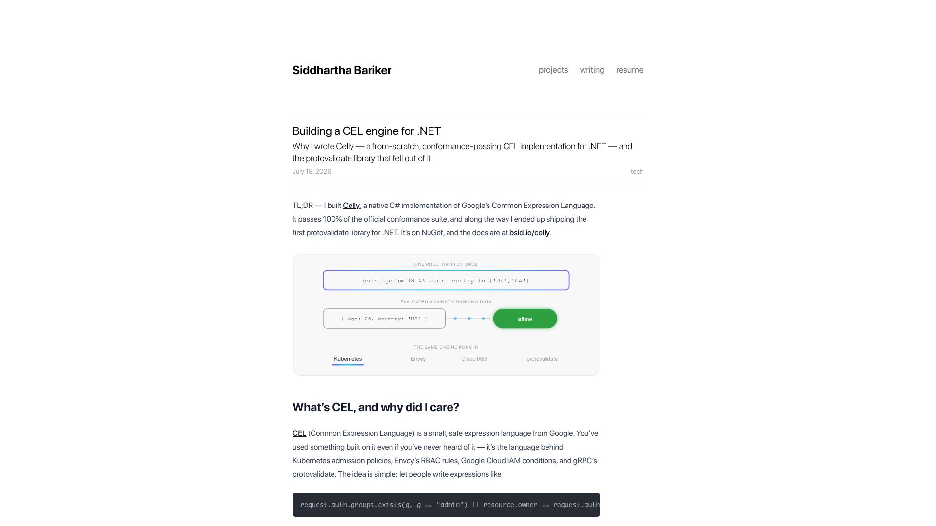 Screenshot of bsid.io: Building a native C# implementation of CEL engine