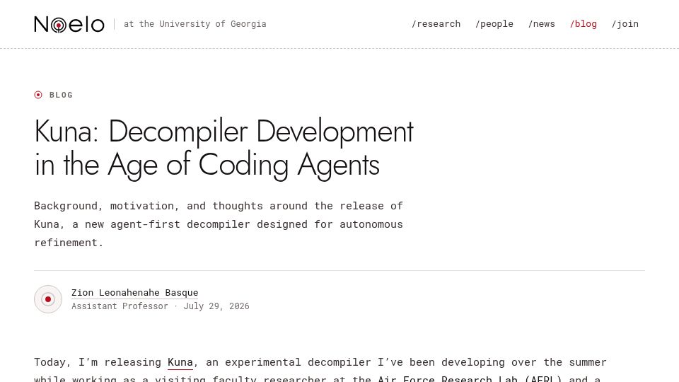 Screenshot of noelo.org: Kuna: Decompiler Development in the Age of Coding Agents