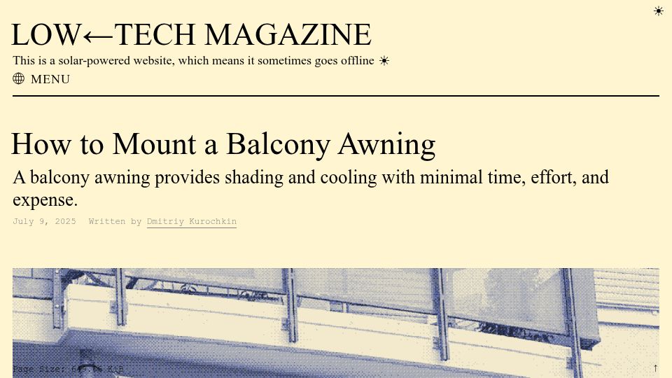 Screenshot of solar.lowtechmagazine.com: How to Mount a Balcony Awning (2025)