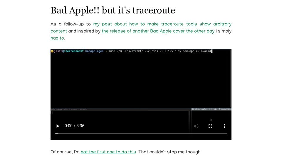 Screenshot of jssfr.de: Bad Apple but It's Traceroute