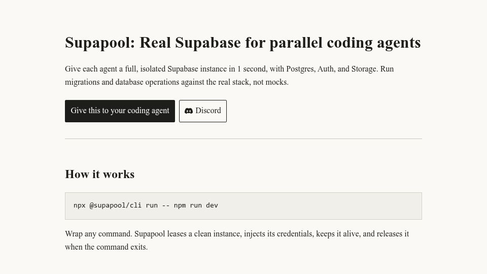 Screenshot of supapool.io: Show HN: Supapool – a Supabase per coding agent in ~400 ms
