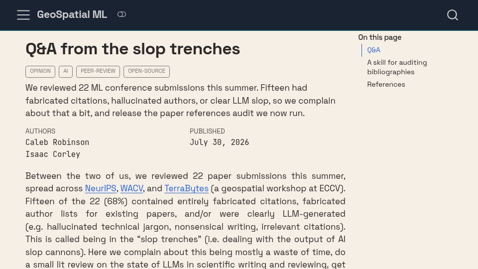 Screenshot of geospatialml.com: I flagged two research papers for fake authors and both were accepted as orals