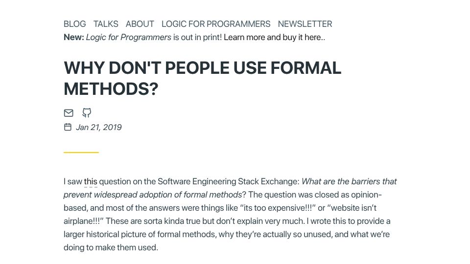 Screenshot of hillelwayne.com: Why don't people use formal methods? (2019)
