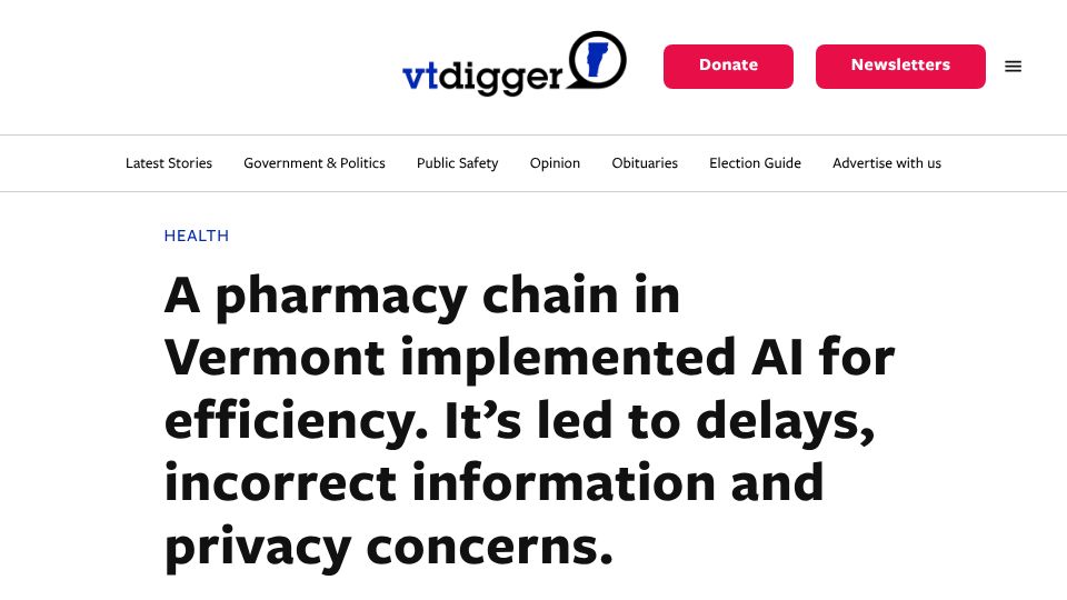 Screenshot of vtdigger.org: A pharmacy chain in Vermont implemented AI for efficiency