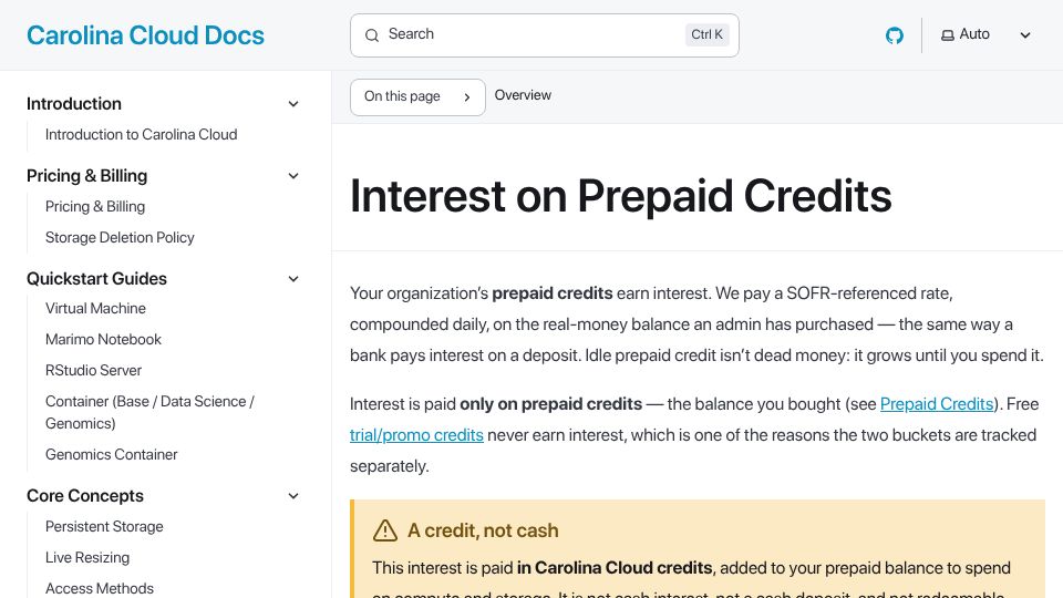 Screenshot of docs.carolinacloud.io: Carolina Cloud pays SOFR on unused prepaid credits