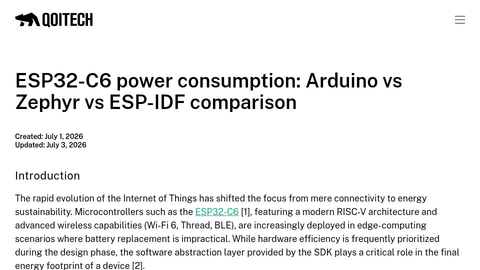 Screenshot of qoitech.com: ESP32-C6 Power Consumption: Arduino vs. Zephyr vs. ESP-IDF Comparison