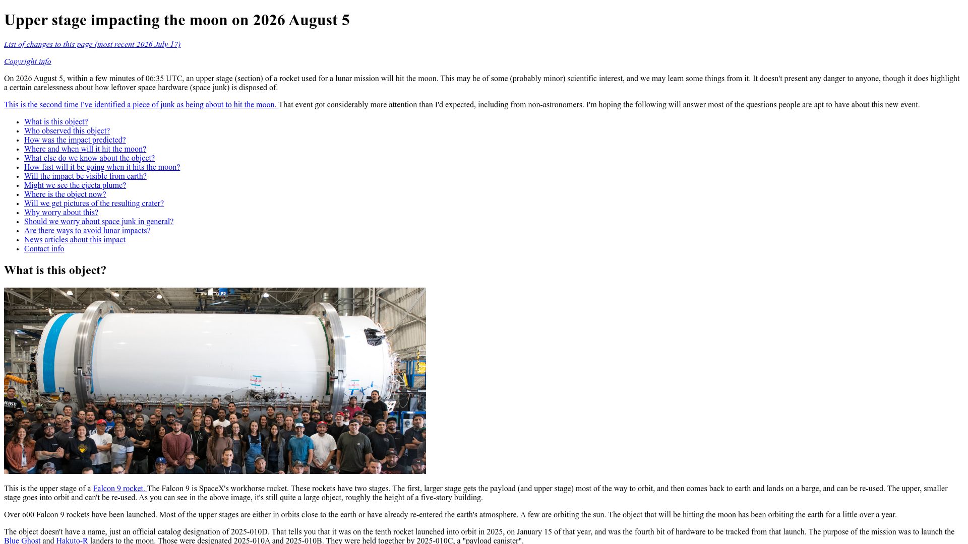 Screenshot of projectpluto.com: Upper stage impacting the moon on 2026 August 5