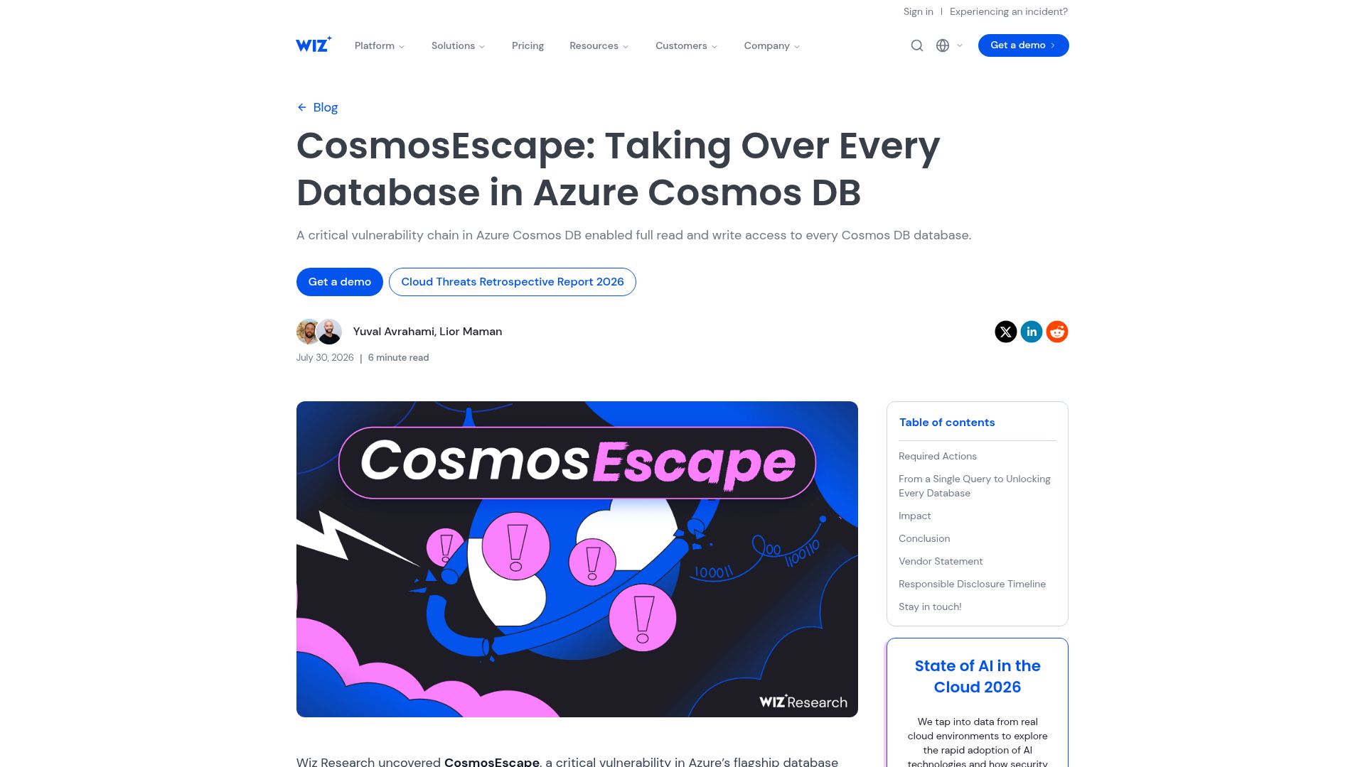 Screenshot of wiz.io: CosmosEscape: Taking over Every Database in Azure Cosmos DB