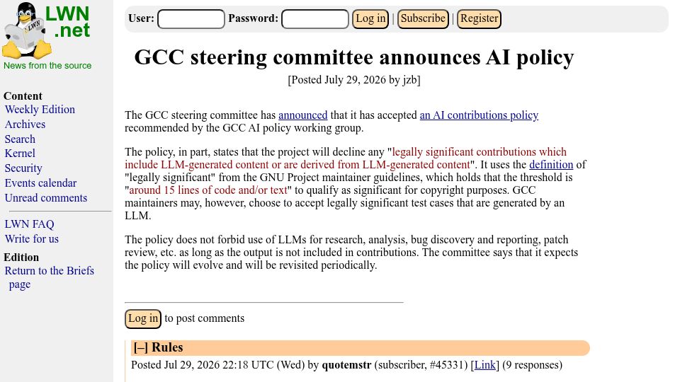Screenshot of lwn.net: GCC steering committee announces AI policy