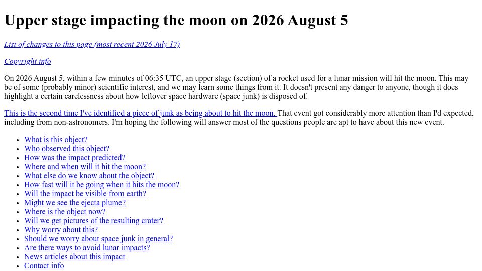 Screenshot of projectpluto.com: Upper stage impacting the moon on 2026 August 5