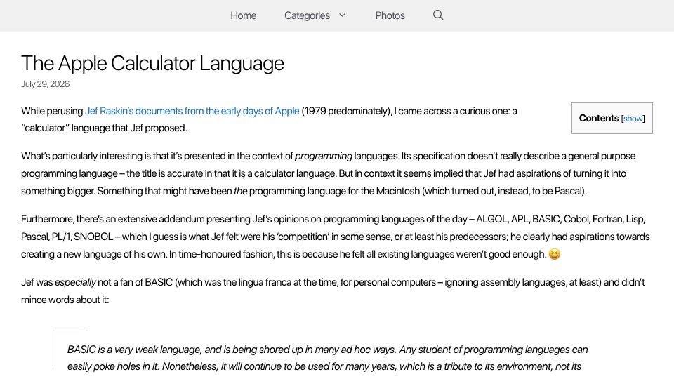 Screenshot of wadetregaskis.com: The Apple Calculator Language