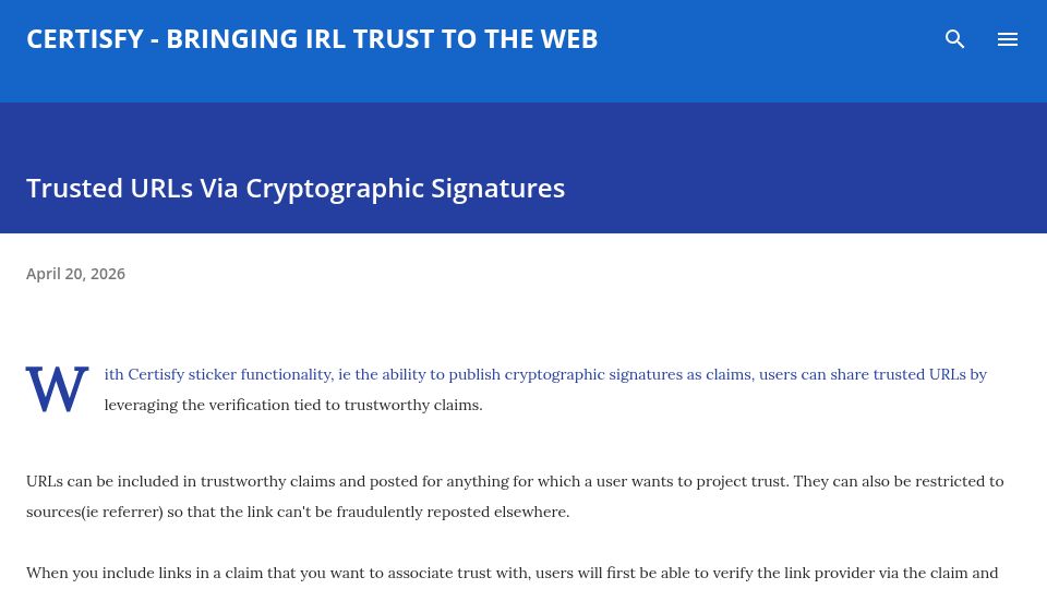Screenshot of blog.certisfy.com: Trusted URLs via Cryptographic Signatures