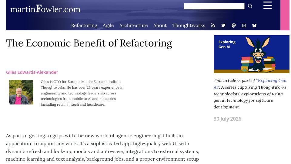 Screenshot of martinfowler.com: The Economic Benefit of Refactoring