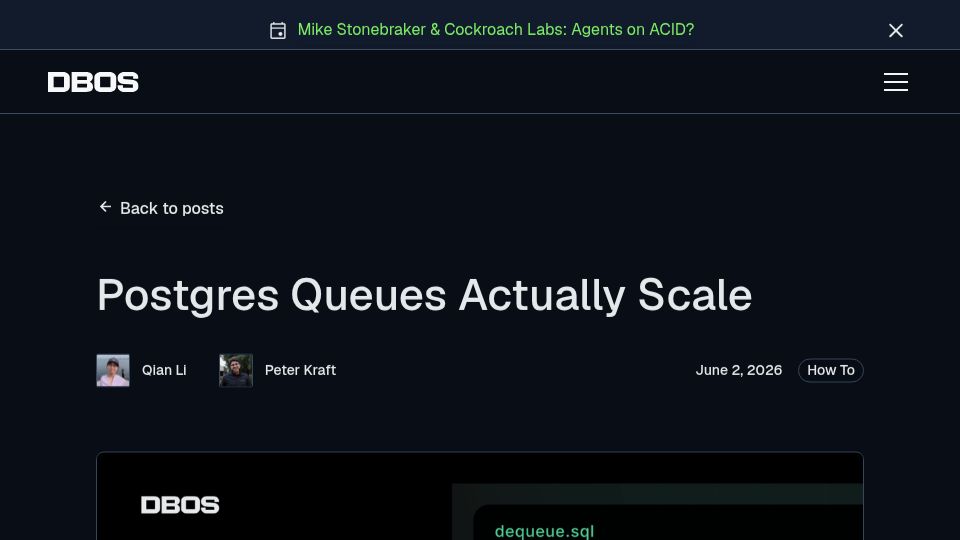 Screenshot of dbos.dev: Making Postgres queues scale