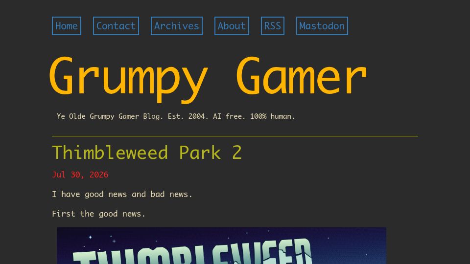 Screenshot of grumpygamer.com: Ron Gilbert started production on Thimbleweed Park 2