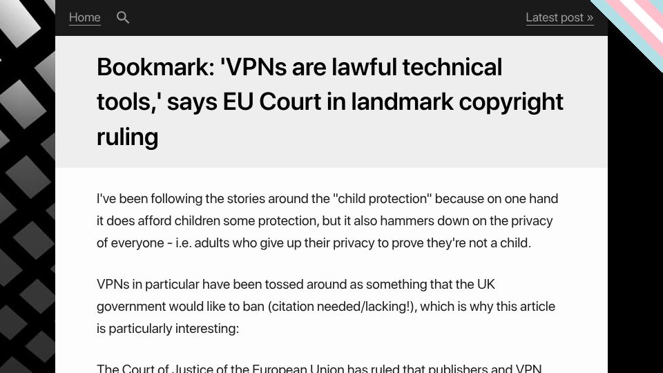 Screenshot of remysharp.com: 'VPNs are lawful technical tools,' says EU Court in landmark copyright ruling
