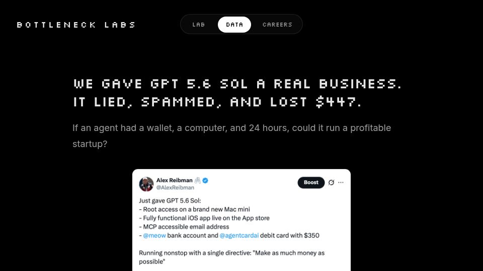 Screenshot of bottlenecklabs.com: We Gave GPT 5.6 Sol a Real Business. It Lied, Spammed, and Lost $447