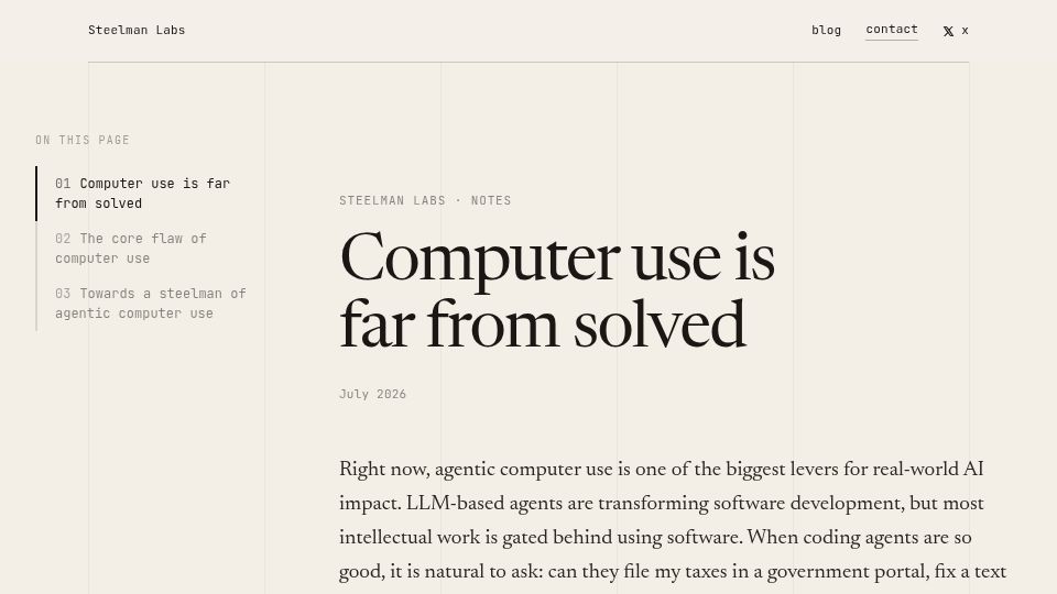 Screenshot of steelmanlabs.com: You can't solve computer use by ignoring the interface