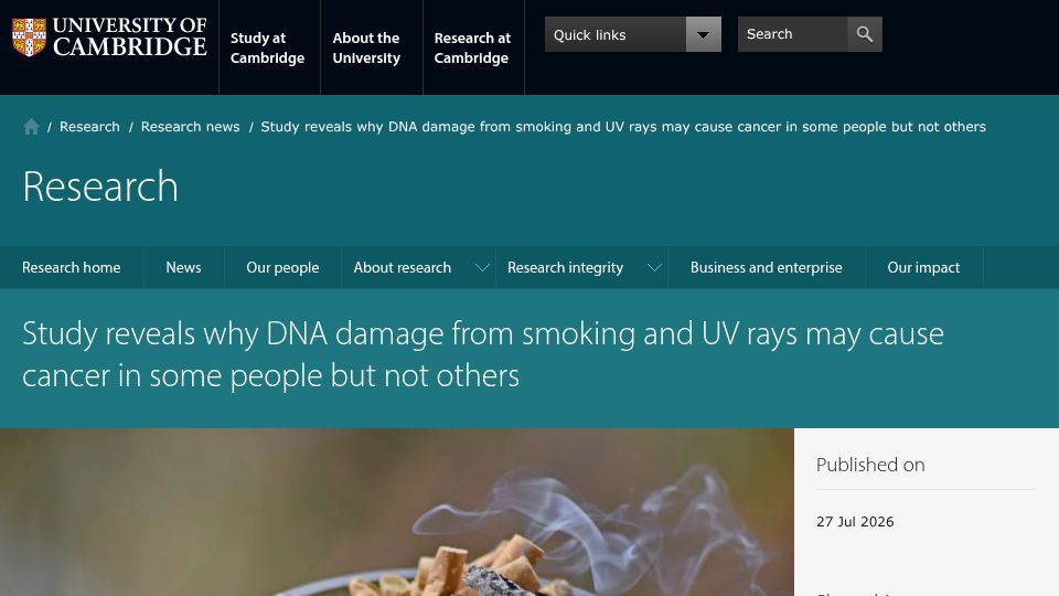 Screenshot of cam.ac.uk: Why DNA damage from smoking and UV rays cause cancer in some but not others
