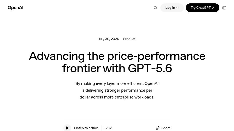 Screenshot of openai.com: Advancing the price-performance frontier with GPT‑5.6