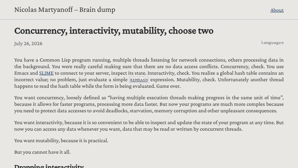 Screenshot of n16f.net: Concurrency, interactivity, mutability, choose two
