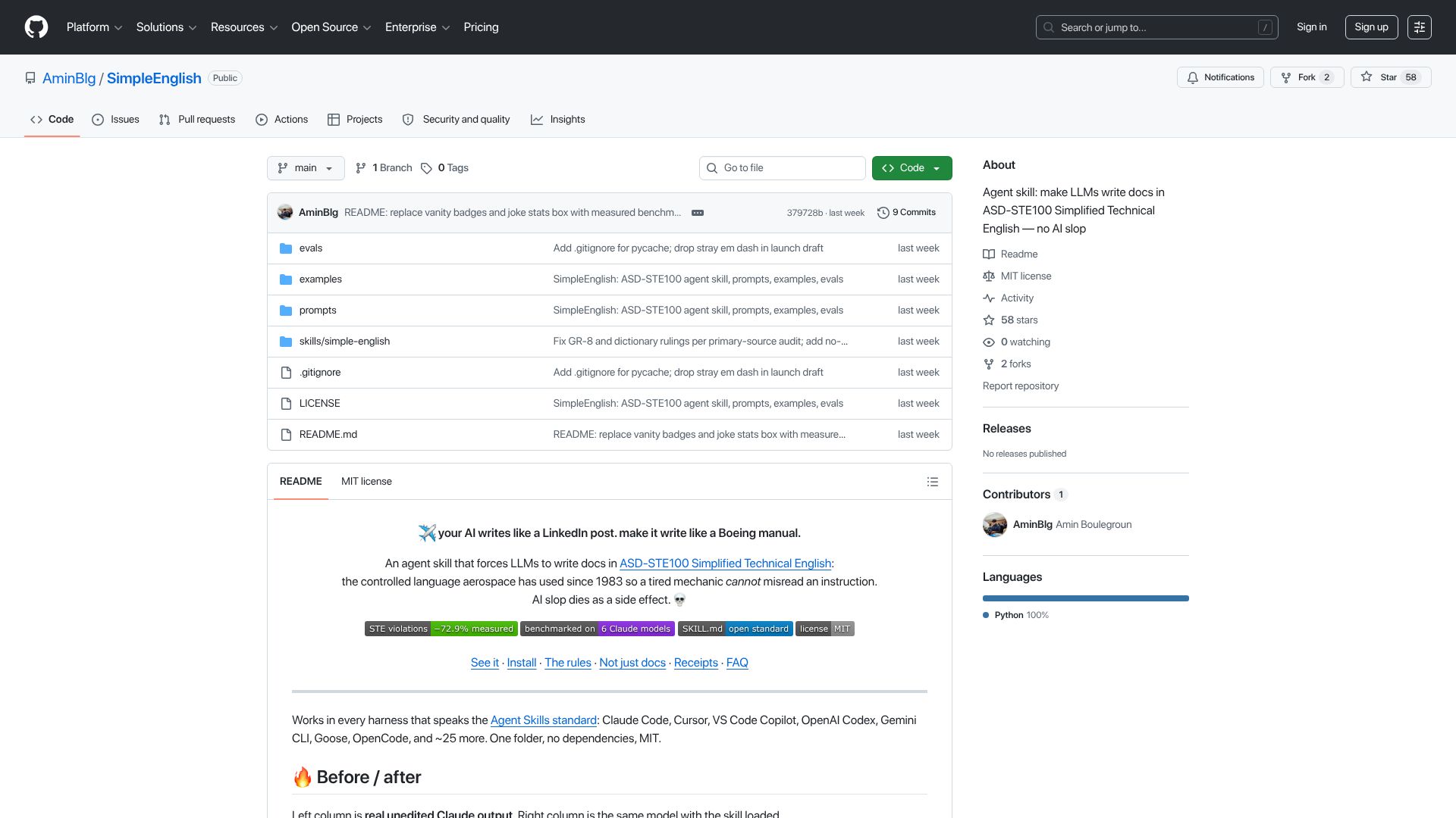 Screenshot of github.com: Agent Skill to Force Docs in ASD-STE100 Simplified Technical English