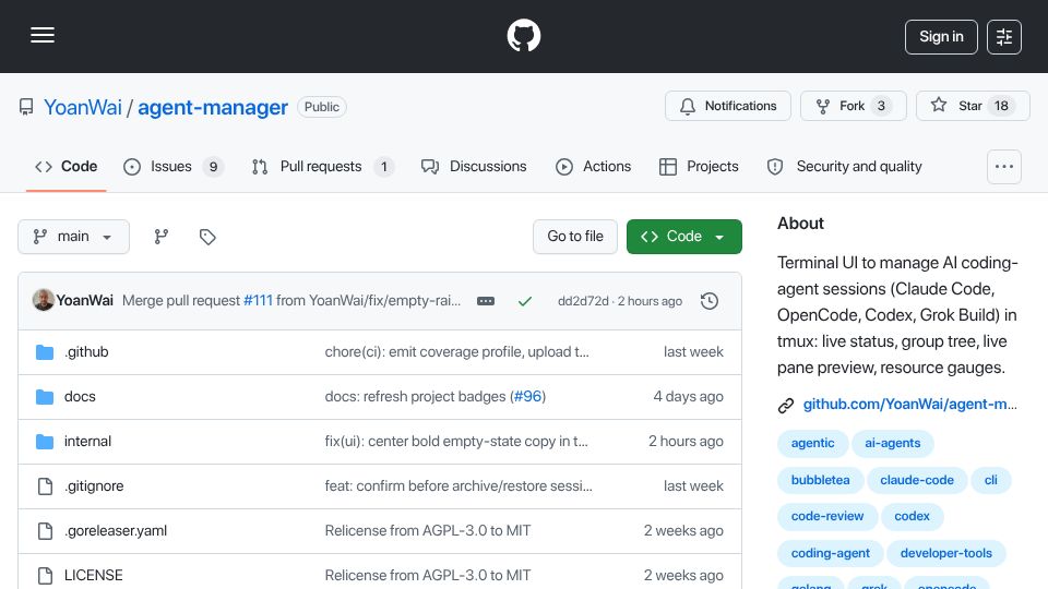 Screenshot of github.com: Agent-Manager: A Tmux TUI for Running Claude Code, Codex and OpenCode