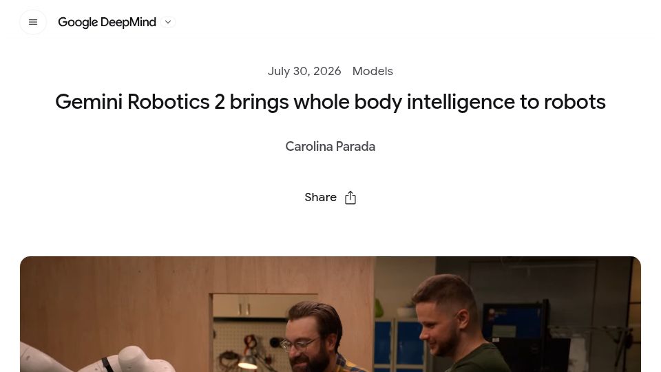 Screenshot of deepmind.google: Gemini Robotics 2 brings whole body intelligence to robots
