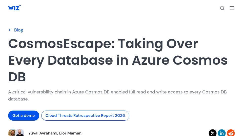 Screenshot of wiz.io: CosmosEscape: Taking over Every Database in Azure Cosmos DB