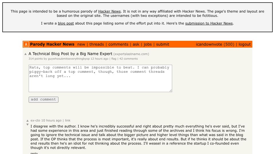 Screenshot of bradconte.com: Parody Hacker News (2013)