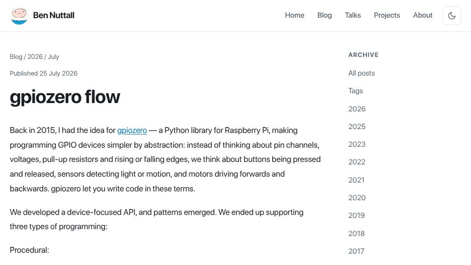 Screenshot of bennuttall.com: Gpiozero Flow