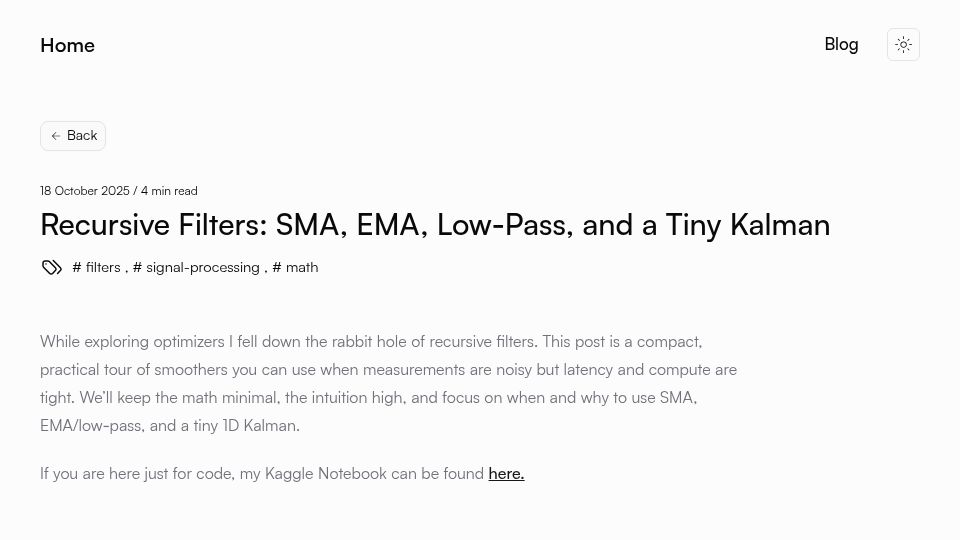 Screenshot of staszewski.xyz: Recursive Filters: SMA, EMA, Low‑Pass, and a Tiny Kalman