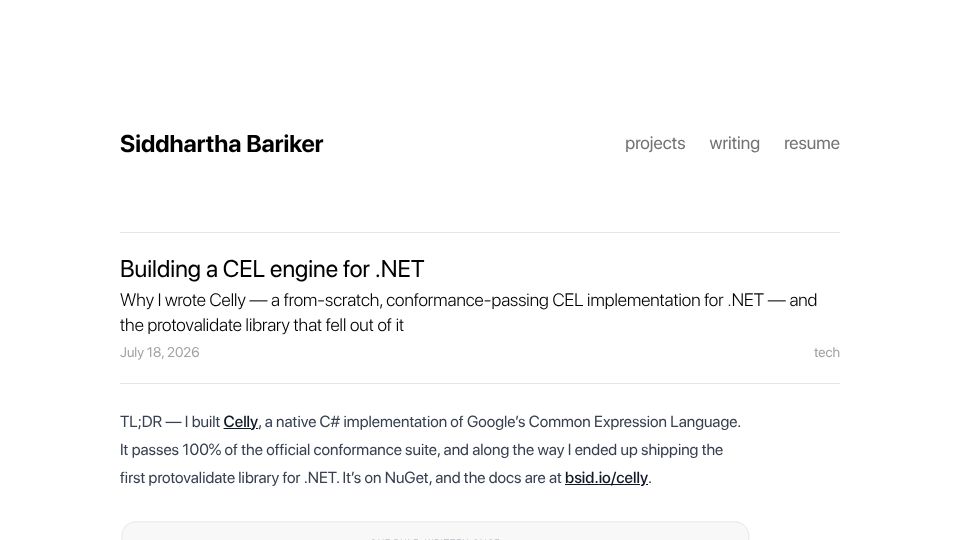 Screenshot of bsid.io: Building a native C# implementation of CEL engine