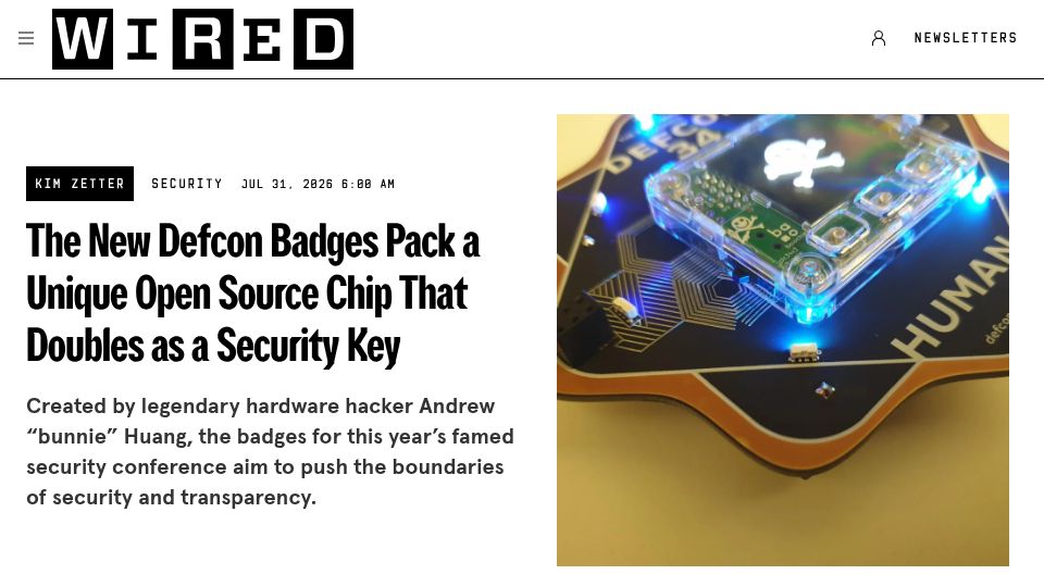 Screenshot of wired.com: New Defcon Badges Pack a Unique Open-Source Chip That Doubles as a Security Key
