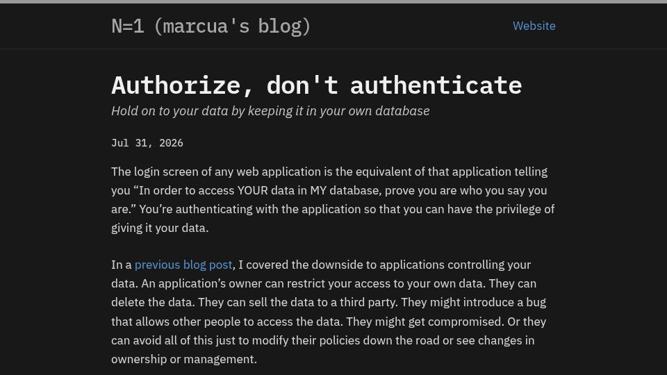 Screenshot of blog.marcua.net: Authorize, don't authenticate